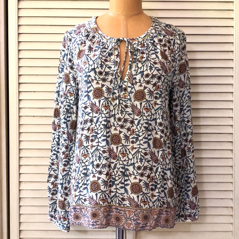 Lucky Brand Womens Tunic Top Small Ivory Blue Floral Long Sleeve Casual Blouse